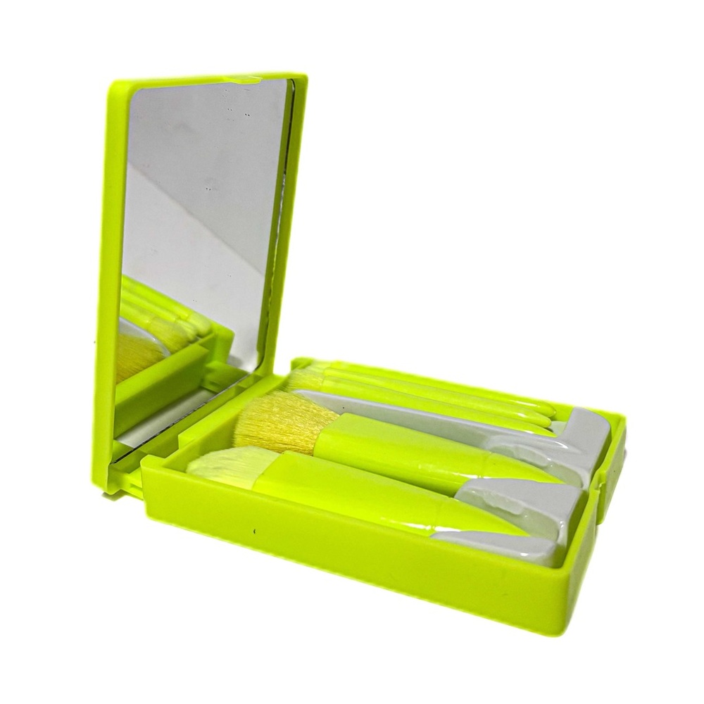 NEW - Neon Green 5-Piece Travel Makeup Brush Set w/ Mirror Compact Travel Can